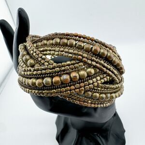Vintage Beaded Wire Cuff Bracelet Boho Chic Southwestern Woven Glam Retro